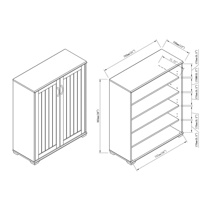 Angled view of two drawn shoe cabinets with measurements on white background