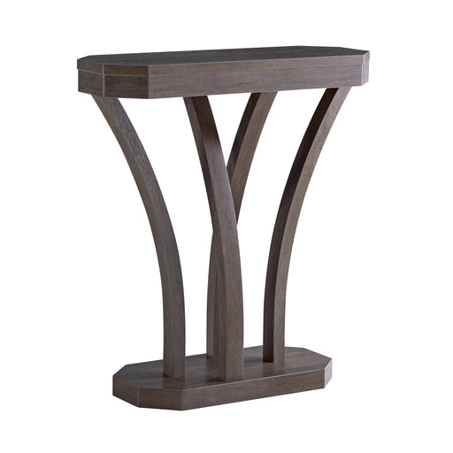 Angled left-facing view of modern walnut oak finish console table on white background