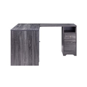 Left-side facing view of modern dark gray finish L-shaped desk with storage on white background