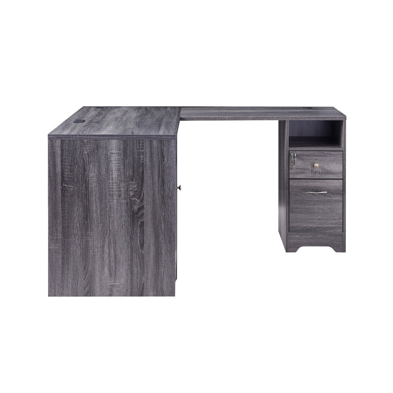 Left-side facing view of modern dark gray finish L-shaped desk with storage on white background