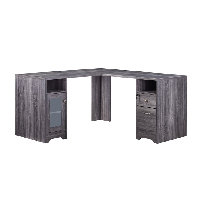 Slightly angled front-facing view of modern dark gray finish L-shaped desk with storage on white background