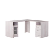 Front-facing view of modern white oak finish L-shaped desk with storage on white background