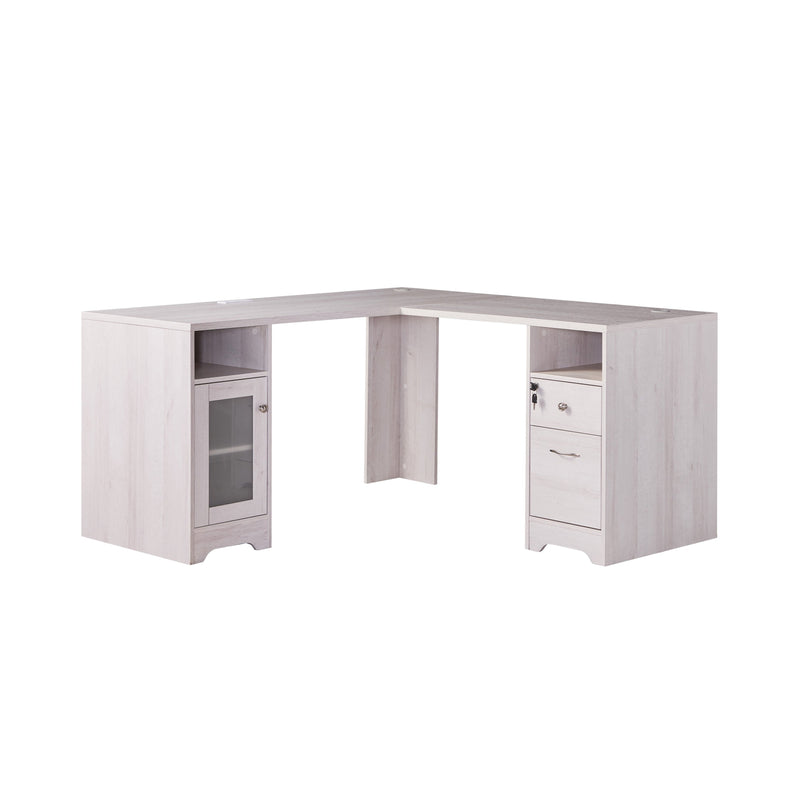 Front-facing view of modern white oak finish L-shaped desk with storage on white background