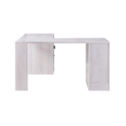 Back-left facing view of modern white oak finish L-shaped desk on white background