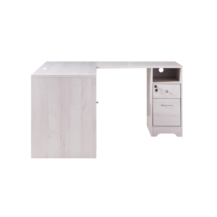 Left-side facing view of modern white oak finish L-shaped desk with storage on white background