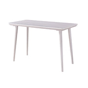 Slightly angled view of contemporary white oak finish writing desk on white background