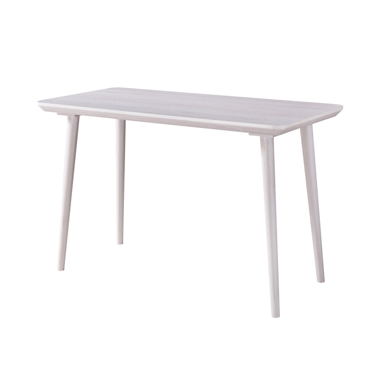 Slightly angled view of contemporary white oak finish writing desk on white background