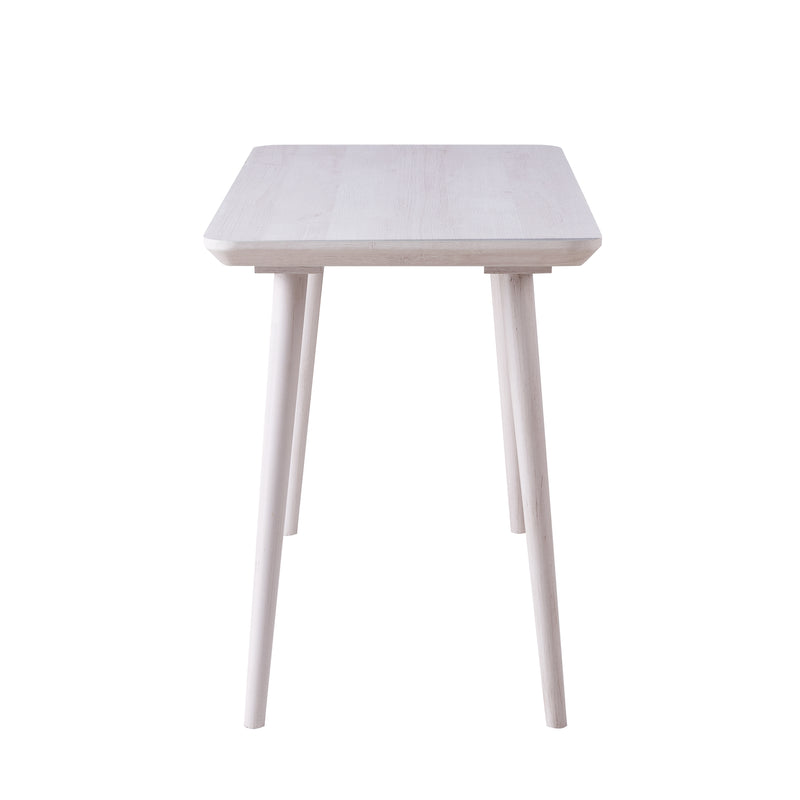 Side-facing view of contemporary white oak finish writing desk on white background