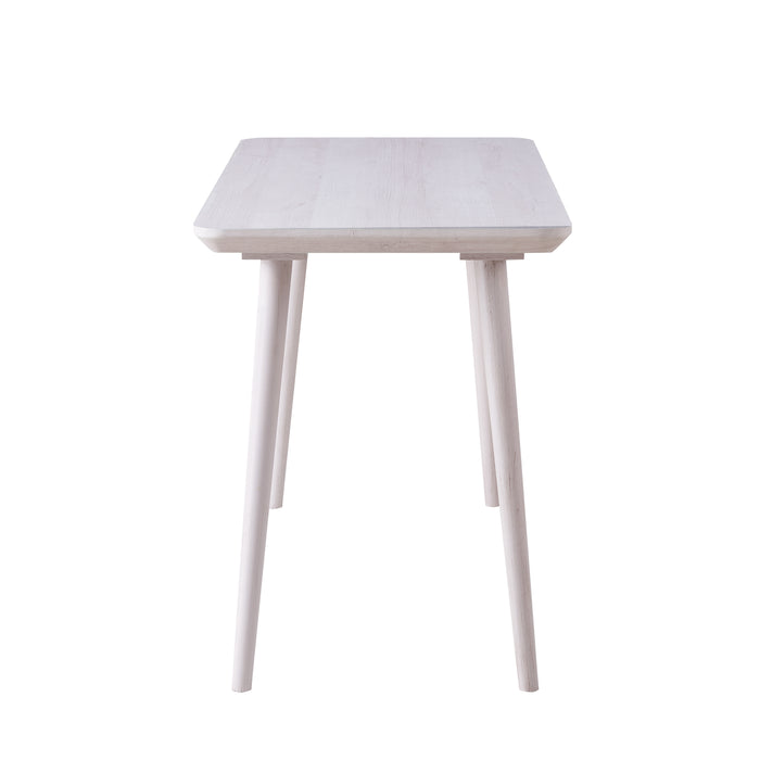 Side-facing view of contemporary white oak finish writing desk on white background