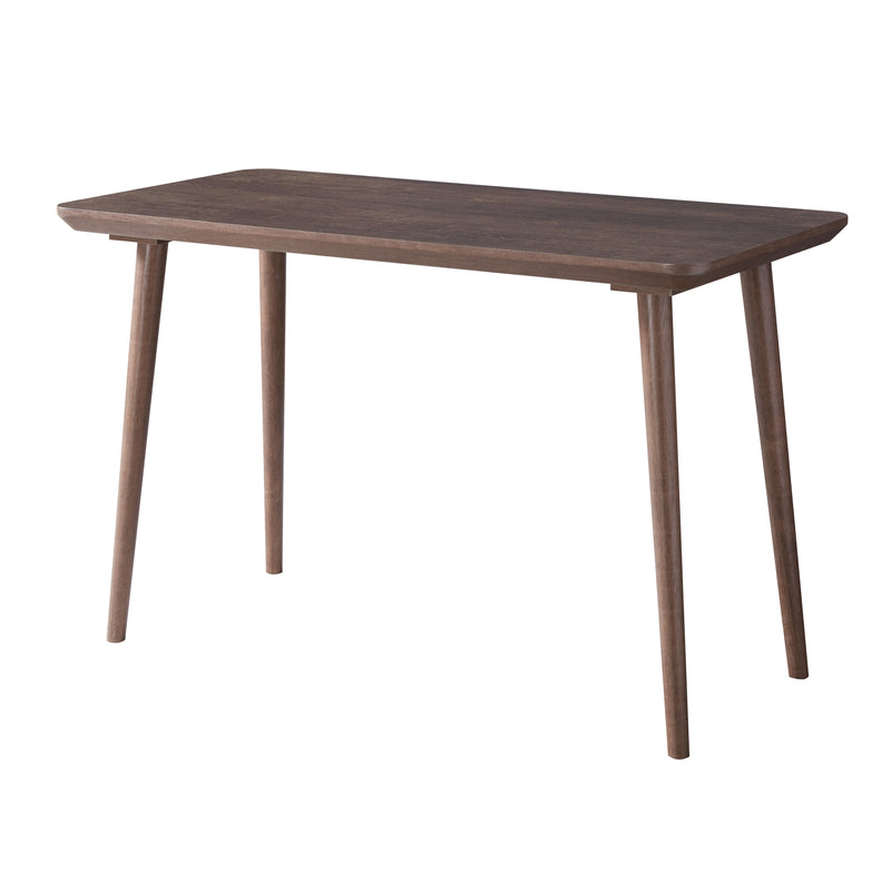 Angled view of contemporary walnut oak finish desk on white background