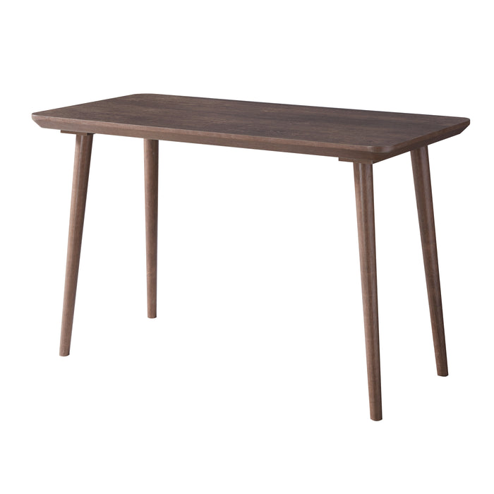 Angled view of contemporary walnut oak finish desk on white background