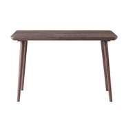 Front-facing view of contemporary walnut oak finish writing desk on white background