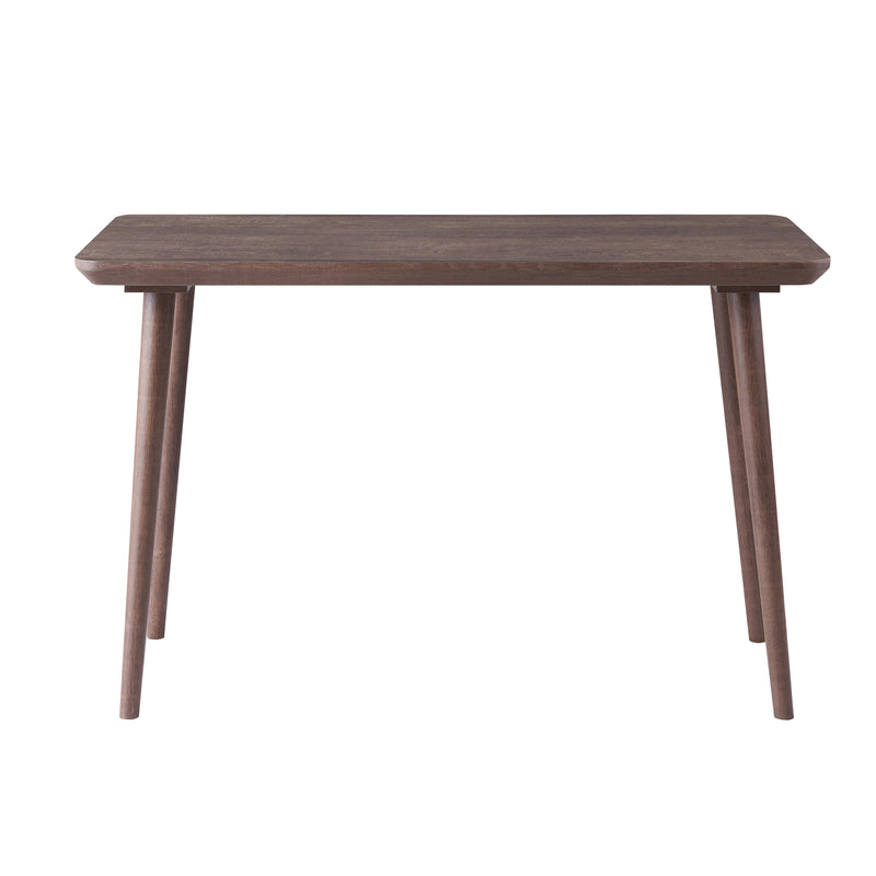 Front-facing view of contemporary walnut oak finish writing desk on white background