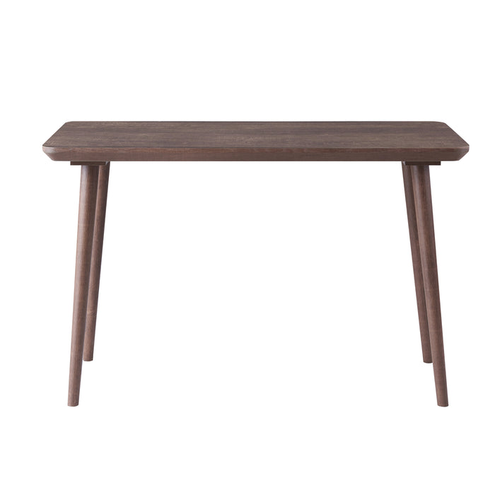 Front-facing view of contemporary walnut oak finish writing desk on white background