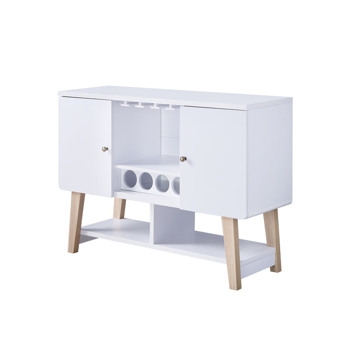 Angled left-facing view of modern white finish MDF wine cabinet on white background