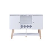 Front-facing view of modern white finish MDF wine cabinet on white background