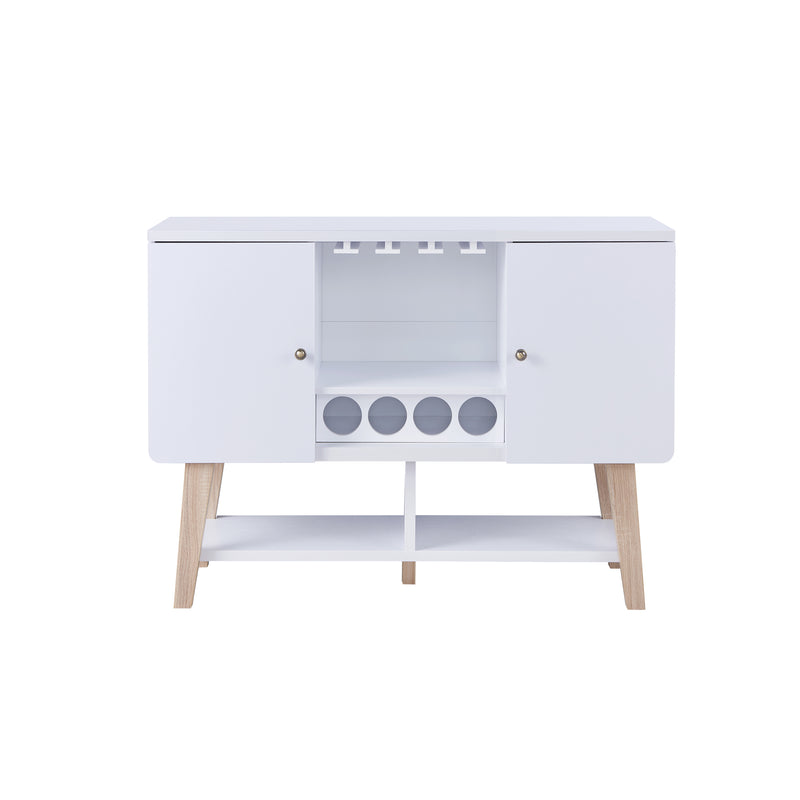 Front-facing view of modern white finish MDF wine cabinet on white background