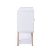 Side-facing view of modern white finish MDF wine cabinet on white background