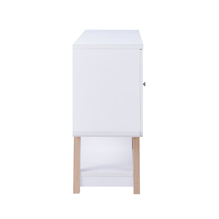 Side-facing view of modern white finish MDF wine cabinet on white background