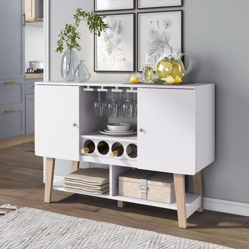 Angled left-facing view of modern white finish MDF wine cabinet