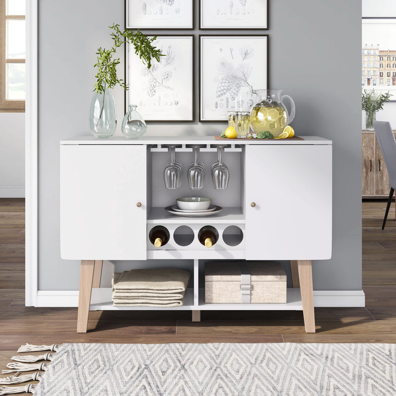 Front-facing view of modern white finish MDF wine cabinet