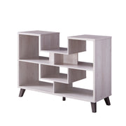 Angled, right-facing view of modern white oak finish geometric console table on white background