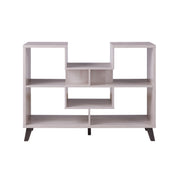 Front-facing view of modern white oak finish geometric console table on white background