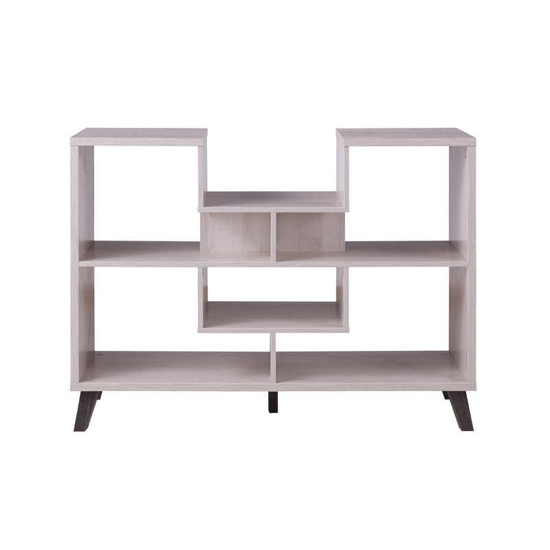 Front-facing view of modern white oak finish geometric console table on white background