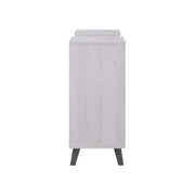 Side-facing view of modern white oak finish geometric console table on white background