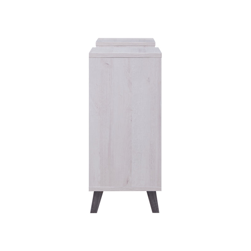 Side-facing view of modern white oak finish geometric console table on white background