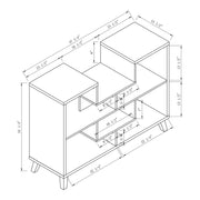 Angled view of rendered measurements of modern white oak finish geometric console table on white background