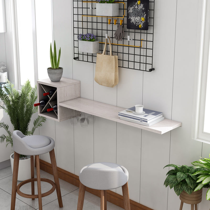 Left angled cottage style white oak floating wine bar with stemware racks in a living area with accessories