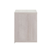 Front-facing side view cottage style white oak floating wine bar with stemware racks on a white background