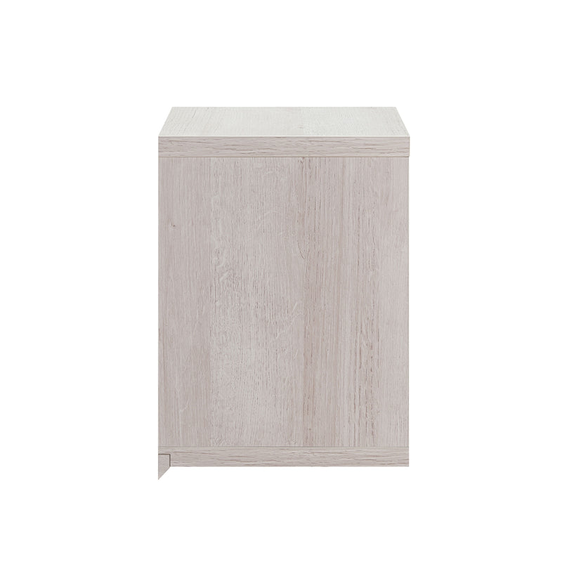 Front-facing side view cottage style white oak floating wine bar with stemware racks on a white background