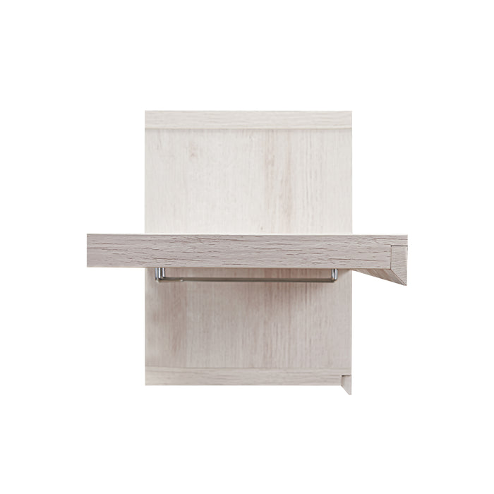 Front-facing side view cottage style white oak floating wine bar with stemware racks on a white background