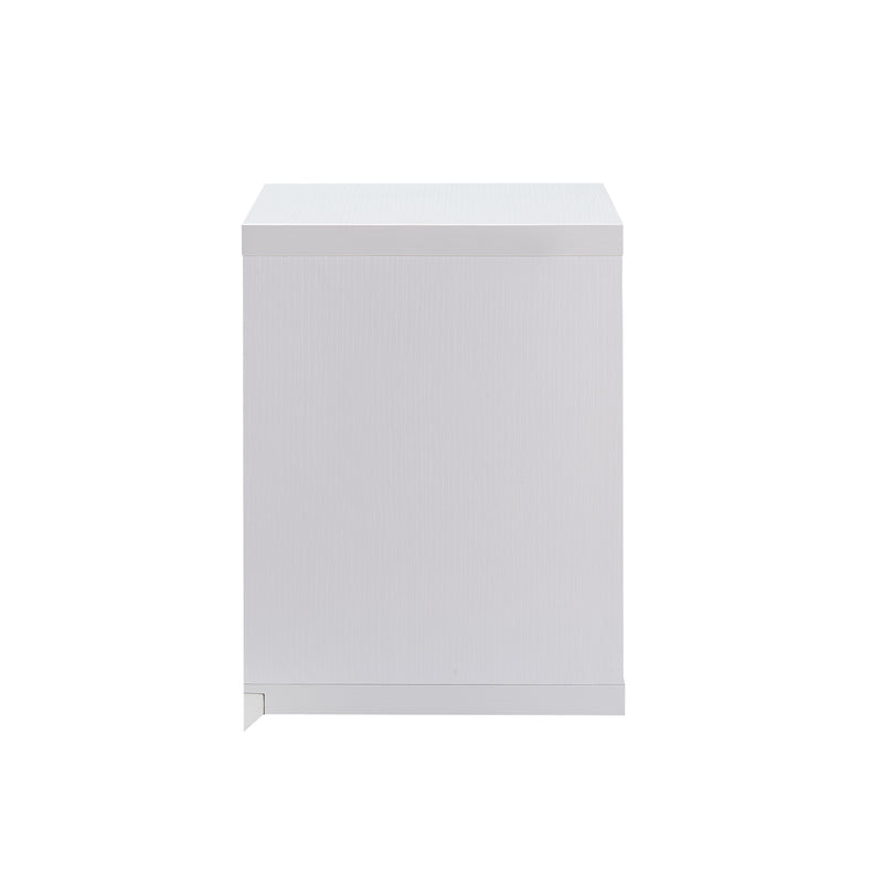 Front-facing side view cottage style white floating wine bar with stemware racks on a white background