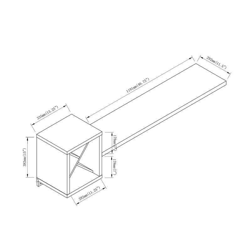 Line drawing for cottage style white floating wine bar with stemware racks on a white background with dimensions