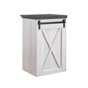 Angled view of farmhouse white oak and distressed gray finish MDF bar table on white background