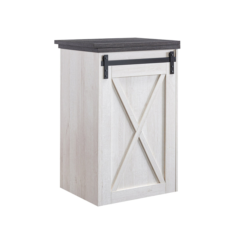 Angled view of farmhouse white oak and distressed gray finish MDF bar table on white background