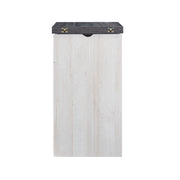 Side-facing view of farmhouse white oak and distressed gray finish MDF bar table on white background
