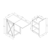 Angled view of two renditions of measurements of farmhouse bar table on white background