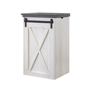 Angled view of farmhouse white oak and distressed gray finish MDF bar table on white background