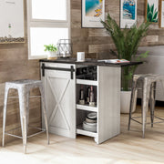 Angled view of farmhouse white oak and distressed gray finish MDF bar table with open door in living space with accessories