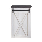 Front-facing view of farmhouse white oak and distressed gray finish MDF bar table on white background