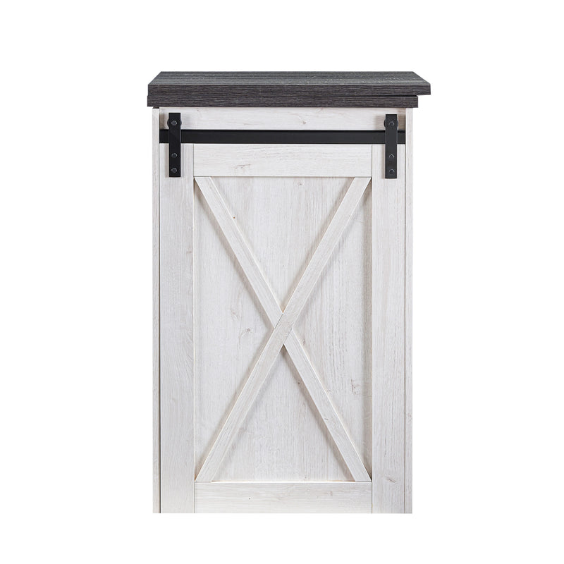 Front-facing view of farmhouse white oak and distressed gray finish MDF bar table on white background