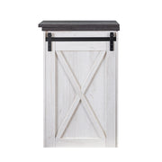 Front-facing view of farmhouse white oak and distressed gray finish MDF bar table on white background