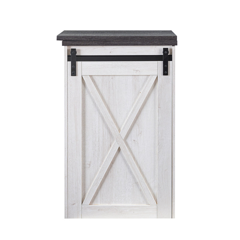 Front-facing view of farmhouse white oak and distressed gray finish MDF bar table on white background