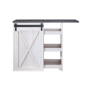 Front-facing view of farmhouse white oak and distressed gray finish MDF bar table with extended shelf unit on white background