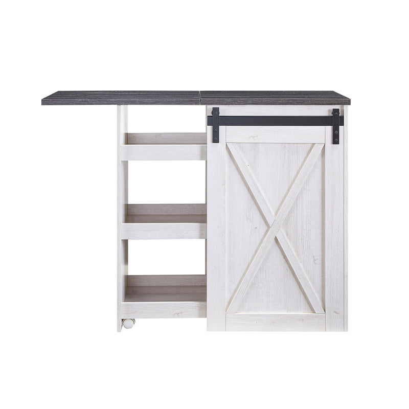 Back-facing view of farmhouse white oak and distressed gray finish MDF bar table with extended shelf unit on white background