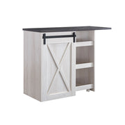 Angled left-facing view of farmhouse white oak and distressed gray finish MDF bar table on white background